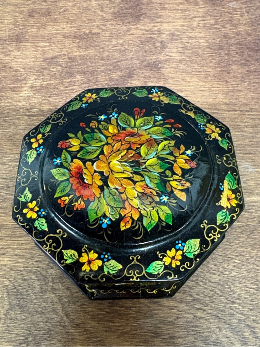 Vintage Hand-Painted Floral Octagonal Lacquered Black Wood Trinket Box